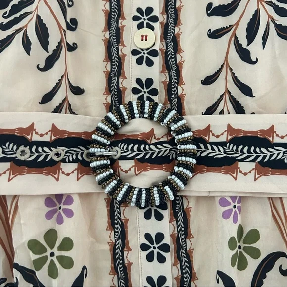 FARM RIO Nature Mini Dress Romantic Bead Belt Maximalist Puff Beige Size Medium - Picture 8 of 16